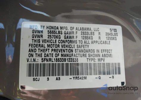 2003 Honda Odyssey Ex from USA, damaged, VIN 5FNRL18633B122838